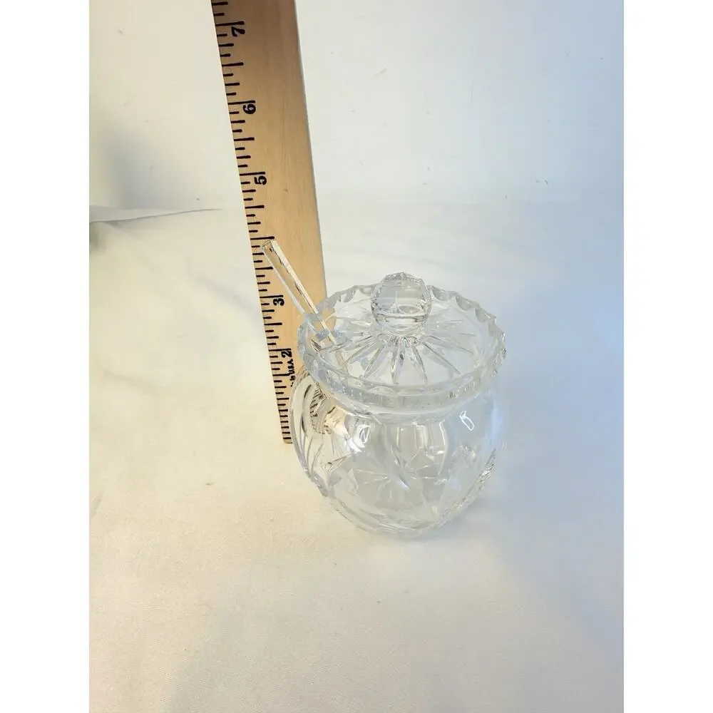 Vtg Cut Crystal Jam, Honey Jar W/ Glass Spoon Scalloped Lid